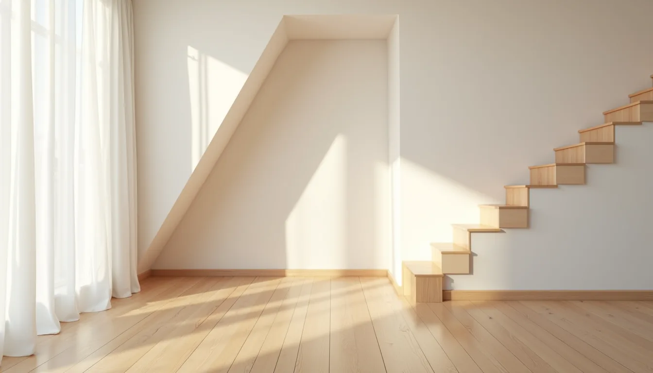 Empty space under a staircase with hardwood flooring and angled ceiling line.