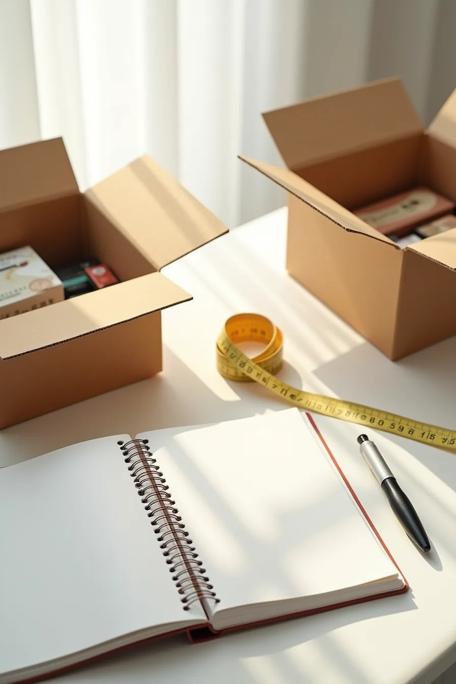 Measuring tape, notebook with measurements, and opened cardboard boxes containing various household items arranged on a flat