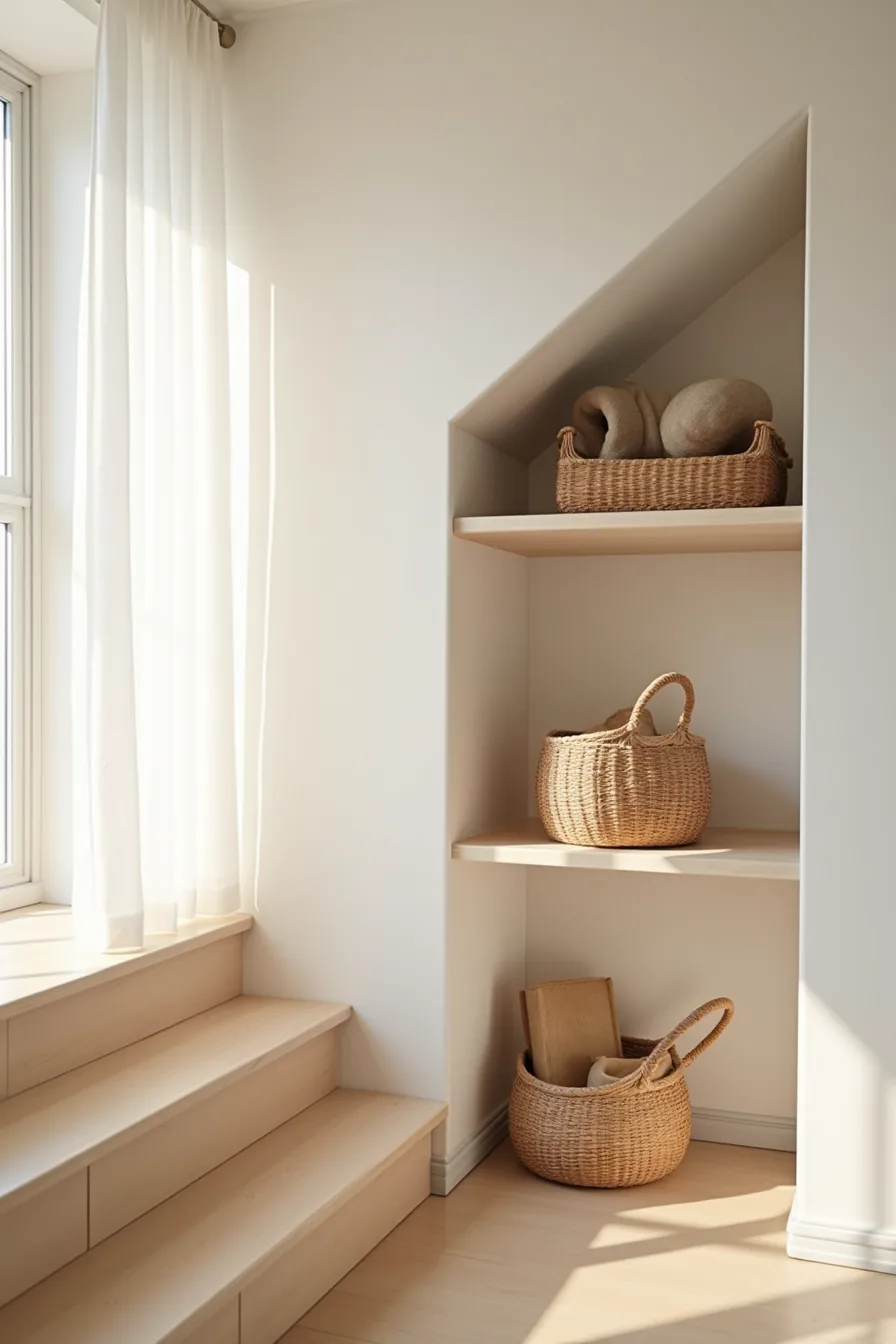 Open shelves under stairs at varying heights holding woven baskets and rolled textiles with visible shadows.