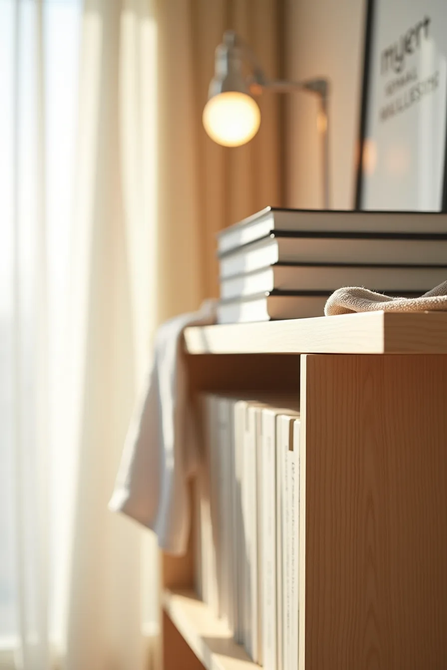 Close-up of wood grain, metal corner bracket, and composite shelf edge with a microfiber cloth and dust particles.