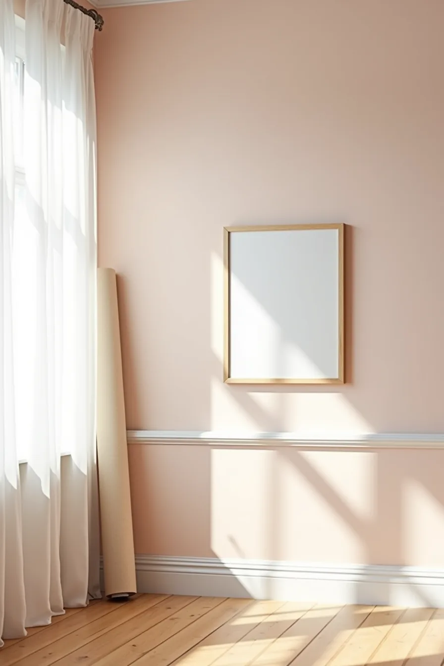 Soft blush removable wallpaper with white trim, framed print leaning against baseboard, and wallpaper roll at corner.