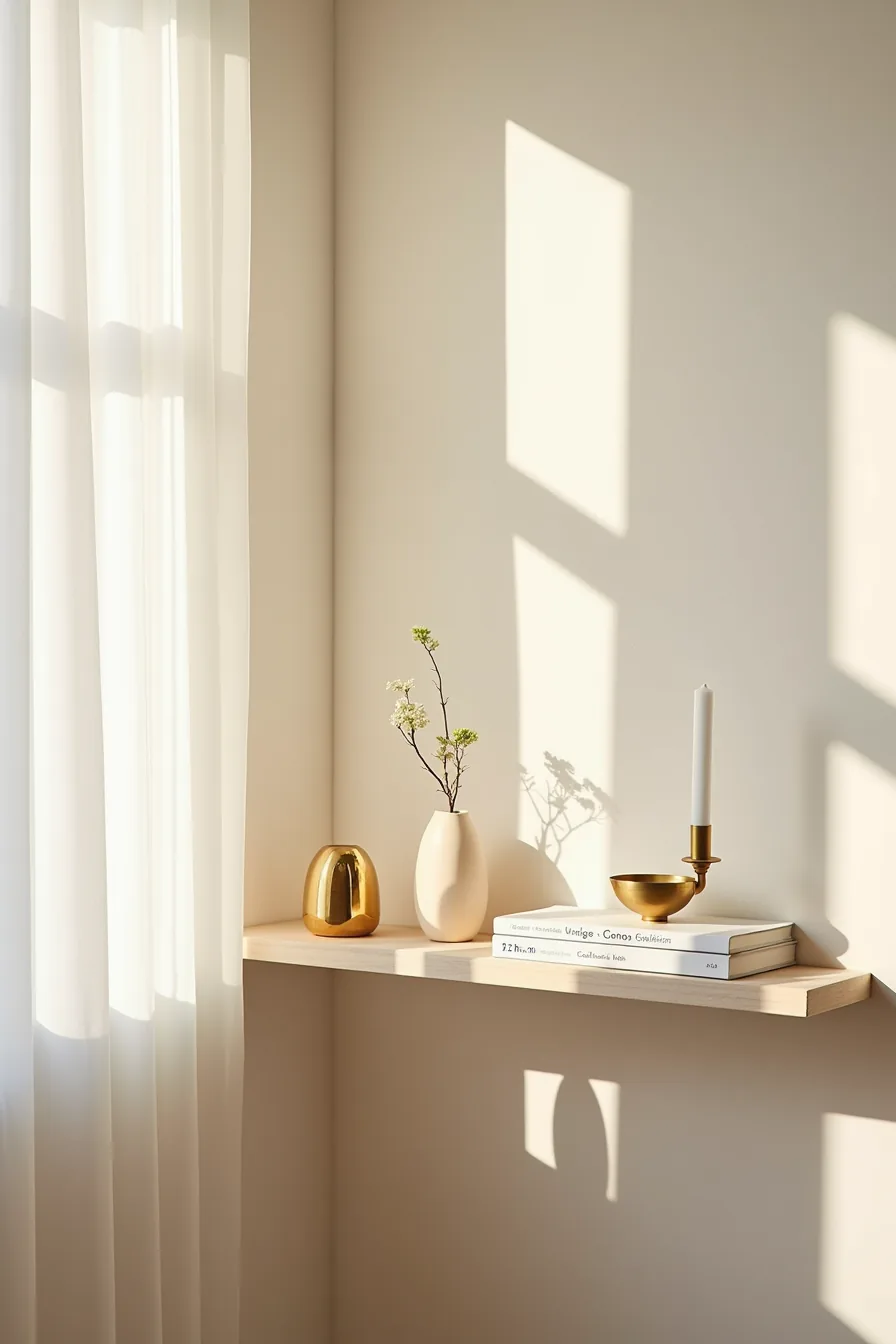 Narrow shelf styled with brass sculpture, ceramic dish, single stem in bud vase, and taper candle with visible wall shadows.