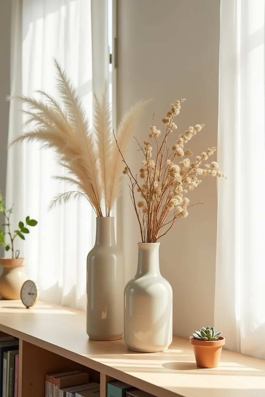 Three ceramic vases with dried pampas grass, preserved eucalyptus, and dried roses, with small potted succulent at shelf end.