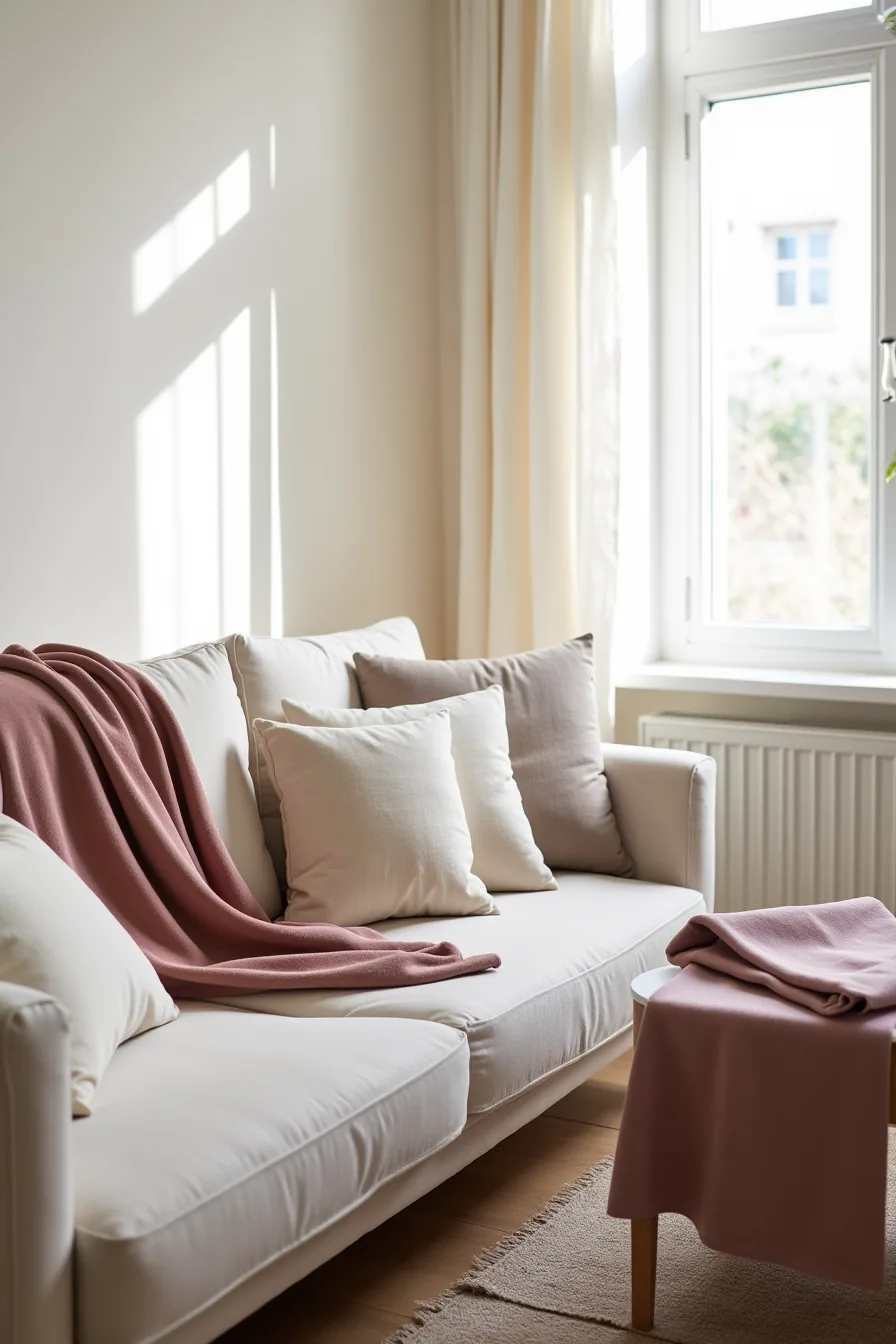 Sofa with dusty rose velvet throw, stacked cream and taupe pillows, mauve table runner, and folded blanket on side table.