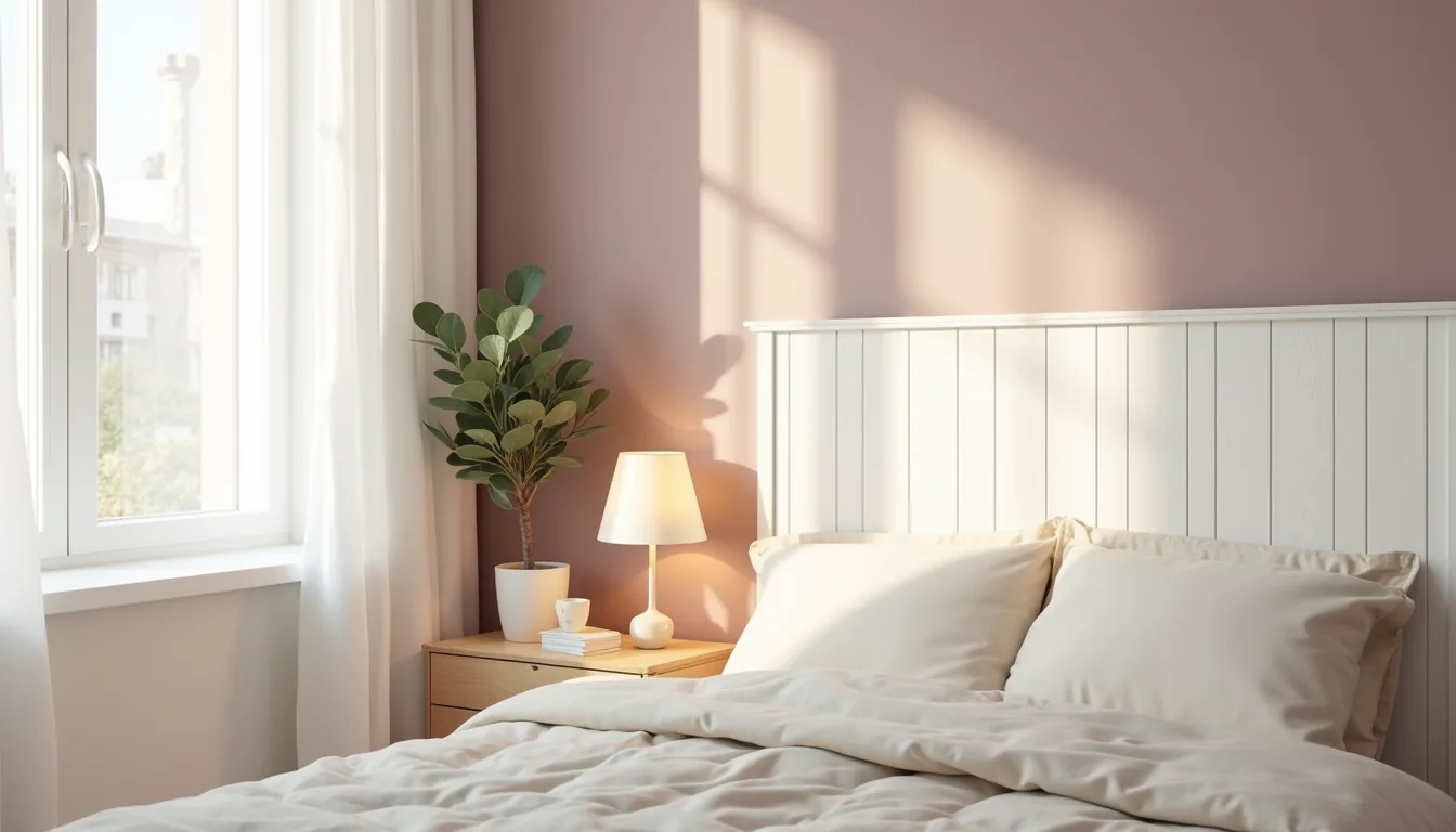 Mauve accent wall with white wooden headboard, cream bedding, potted eucalyptus on nightstand, and warm table lamp creating