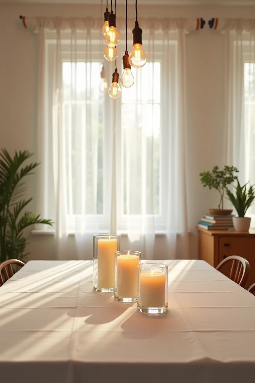 Three pillar candles in glass holders centered on white tablecloth with Edison string lights strung above casting warm
