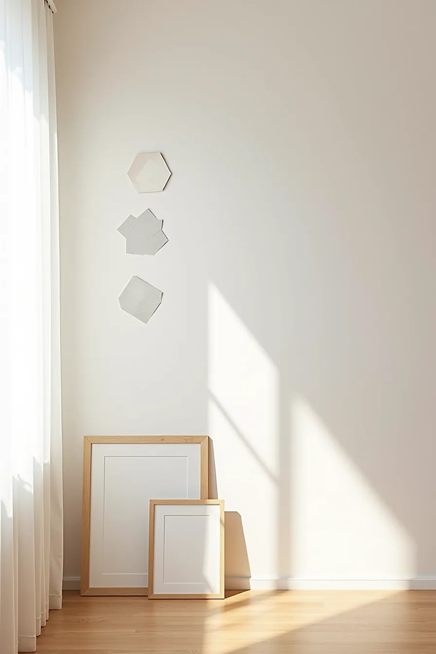 Asymmetrical gallery wall with soft geometric removable decals and two abstract prints in natural wood frames on white wall.