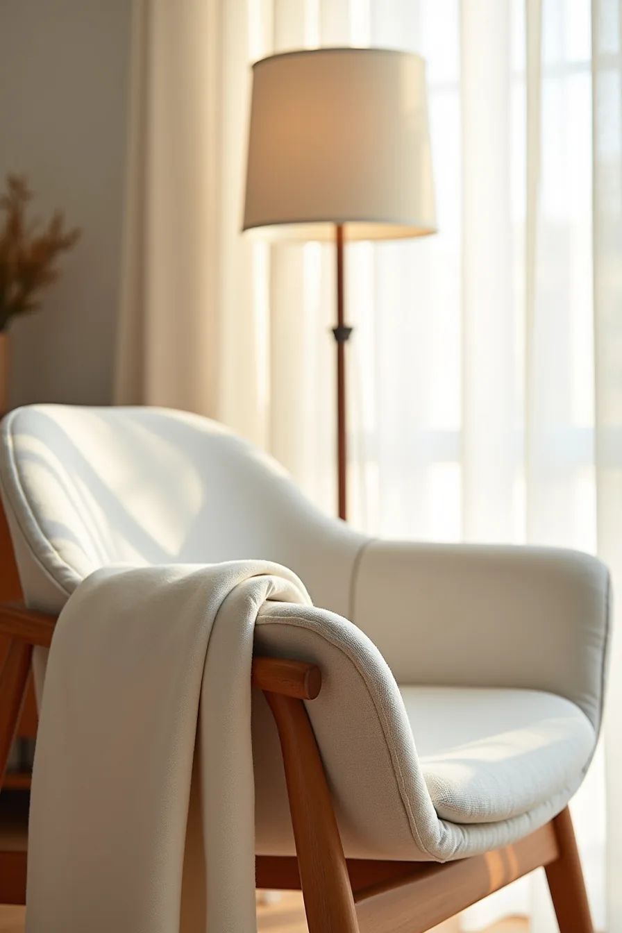 Close-up details reveal the fabric texture, stitching, wooden leg construction, and seat depth of the accent chair.