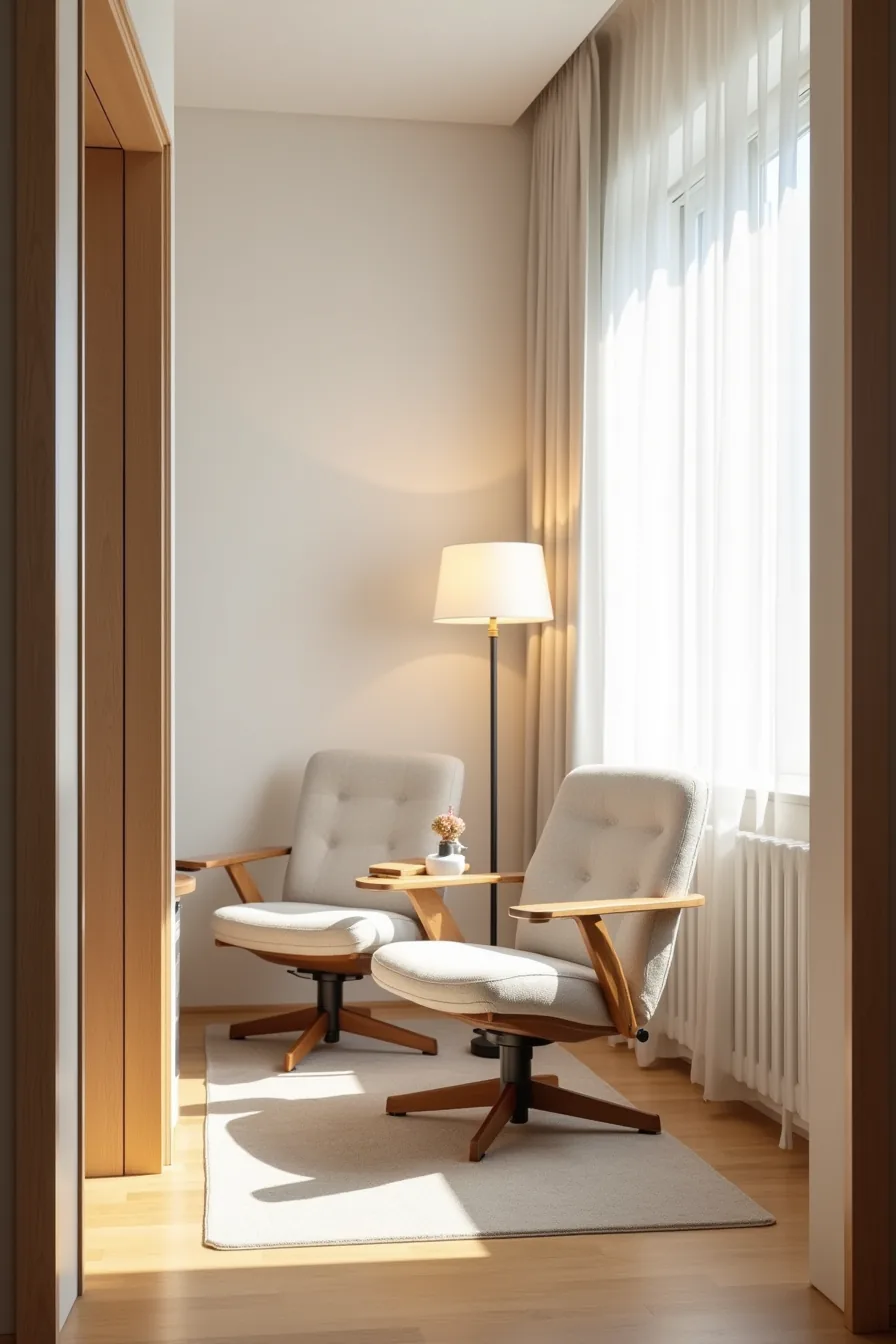 Two chairs face each other across a round side table in a corner nook, viewed from the doorway.