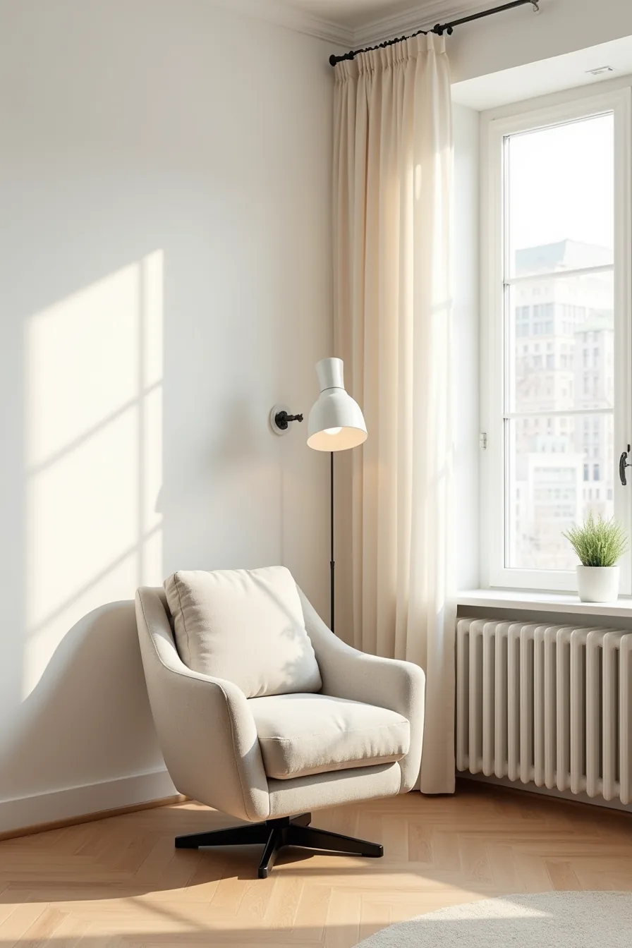 A minimalist upholstered swivel chair with clean lines sits near a window in a studio apartment.