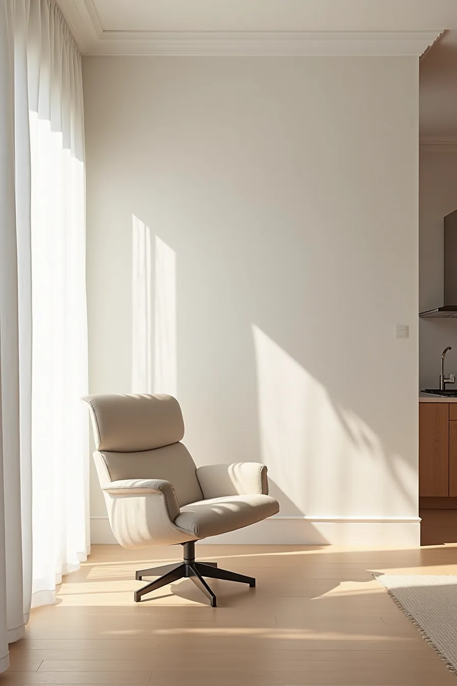 A swivel accent chair positioned between a kitchen counter and living area serves as a flexible anchor point.