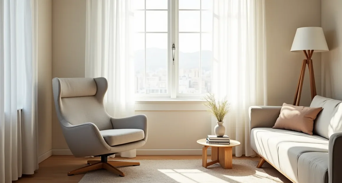 Overhead view showing a swivel accent chair angled beside a sofa on an area rug in a neutral living room.
