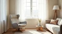 Overhead view showing a swivel accent chair angled beside a sofa on an area rug in a neutral living room.