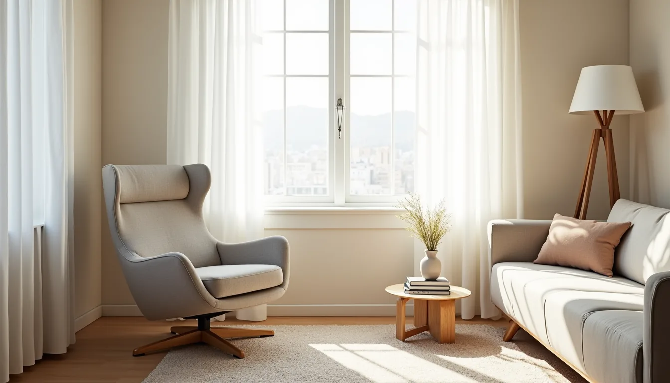 Overhead view showing a swivel accent chair angled beside a sofa on an area rug in a neutral living room.