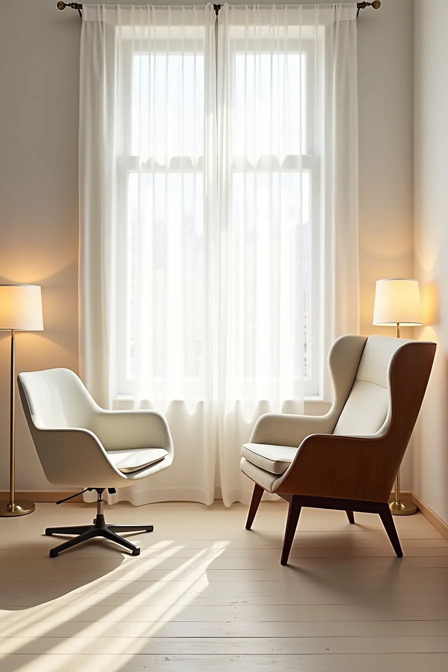Two chairs viewed from above—a metal-base swivel chair on the left and a wooden-frame wingback chair on the right.