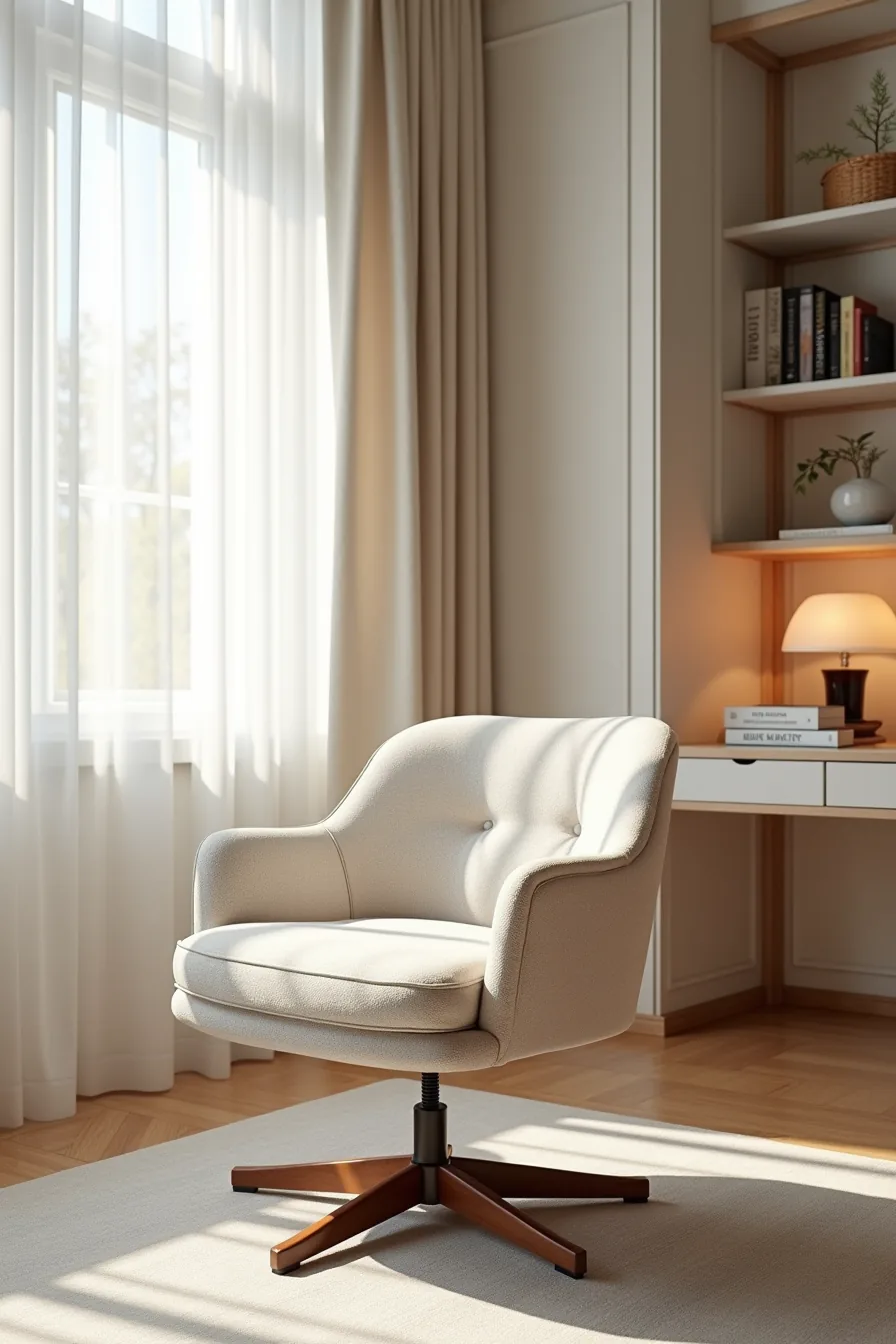 A tufted swivel accent chair with wooden legs positioned in a home office beside a desk and lamp.