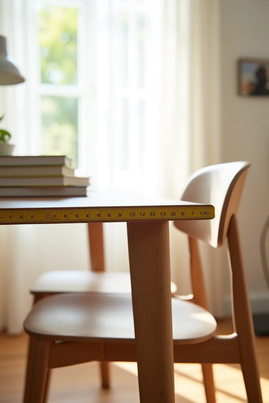 Side view of a dining chair next to a table showing seat height, armrest space, and under-table clearance with a measuring