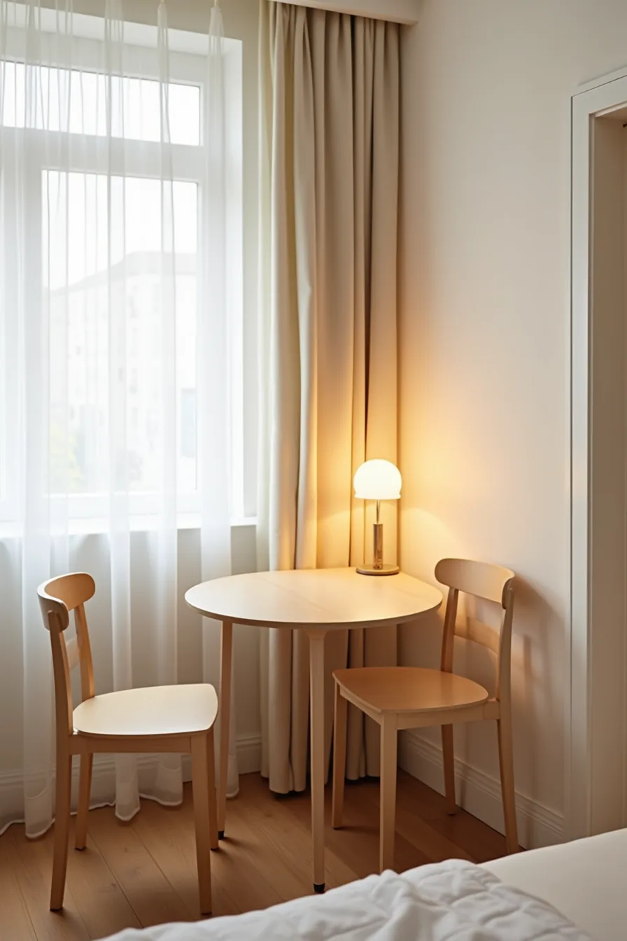 A compact round table against a wall with two chairs arranged for traffic flow, with a doorway visible in the background.