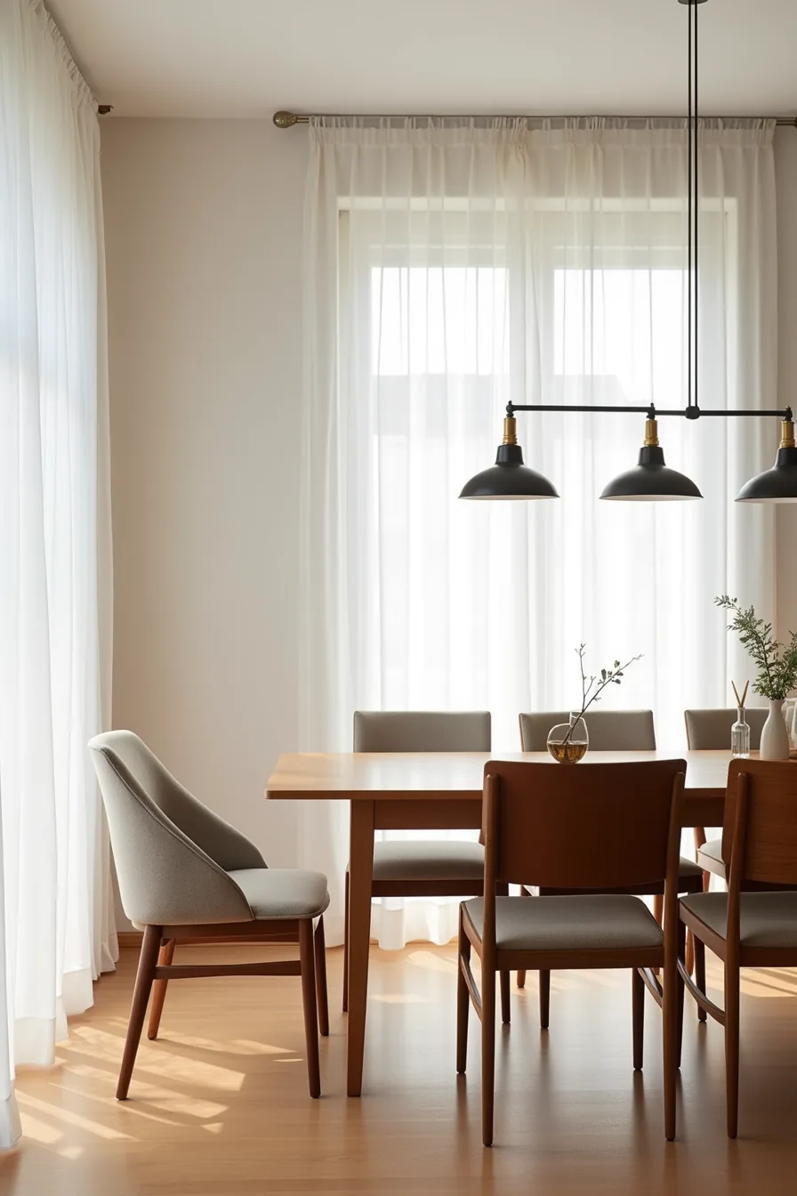 Split-screen comparison of a formal dining setup with matching chairs on the left and a casual mismatched seating