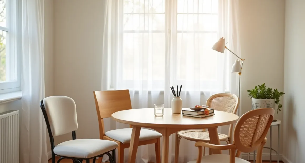 Four different chair styles—upholstered, metal-frame, wooden, and rattan—arranged around a round wooden table viewed from
