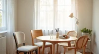 Four different chair styles—upholstered, metal-frame, wooden, and rattan—arranged around a round wooden table viewed from