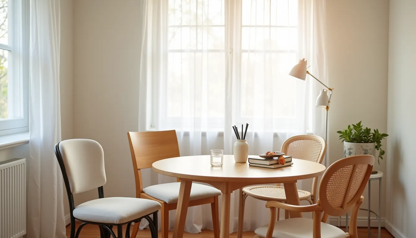 Four different chair styles—upholstered, metal-frame, wooden, and rattan—arranged around a round wooden table viewed from
