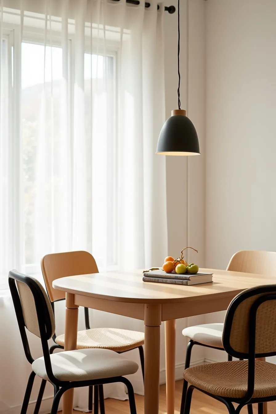 Four chair seats in different materials—wood, metal, linen, and rattan—clustered together showing their distinct textures