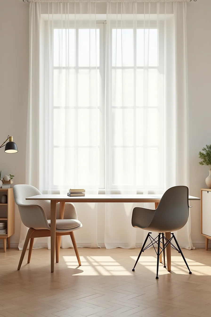 An oversized rectangular table with a tall-backed upholstered chair and a low metal-frame chair positioned in front.