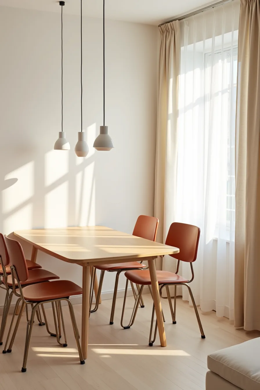 Three dining configurations displayed side by side: flat-pack with plastic chairs, nesting table with metal stackables, and