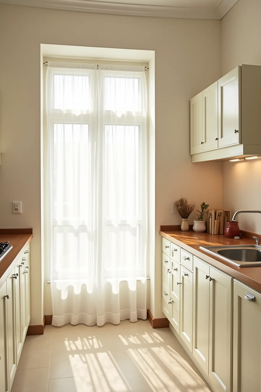 Cream cabinets in a narrow galley kitchen show dust buildup on their tops near the low ceiling.