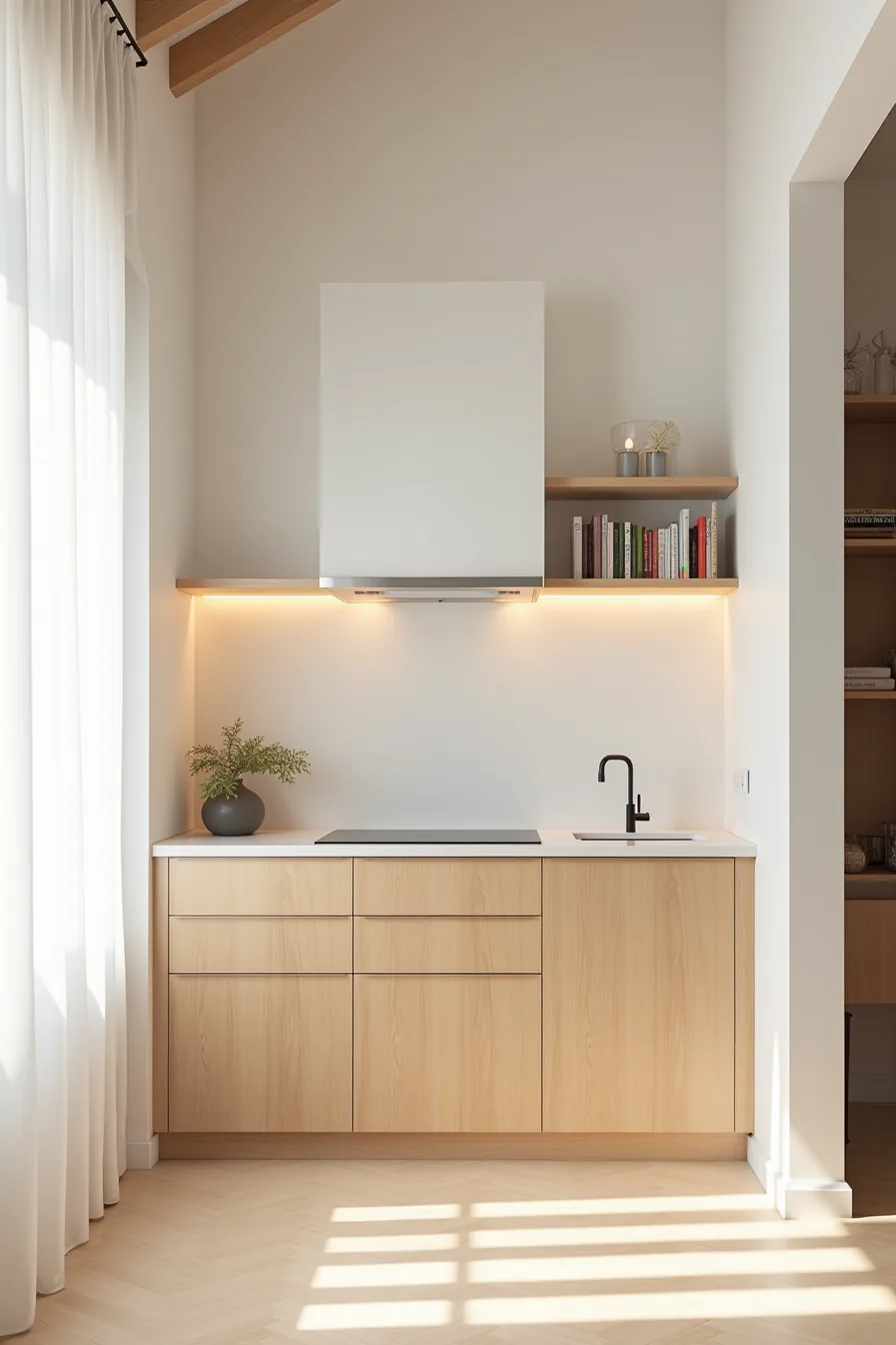 Natural wood cabinets with bare tops under a vaulted ceiling, modern open shelving across the room.