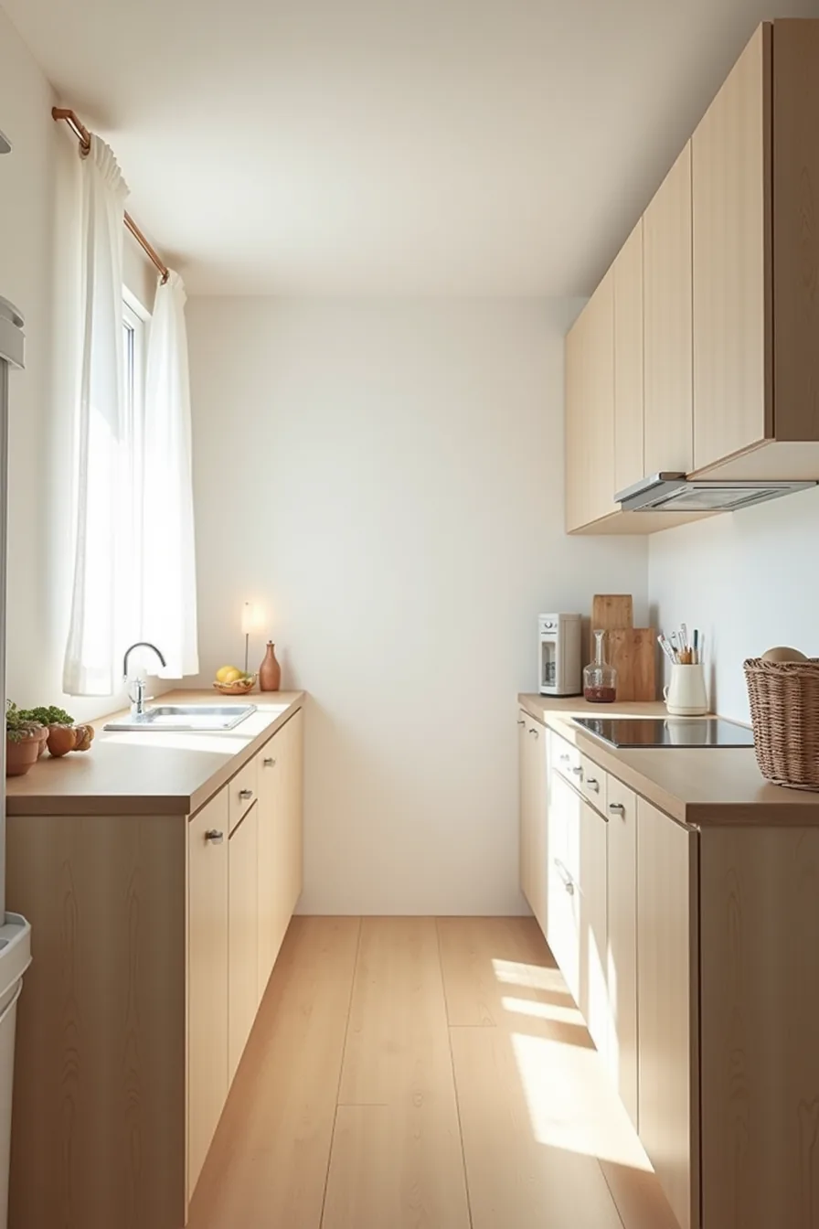 One woven basket sits alone on narrow cabinet tops in a tight galley kitchen with low ceiling clearance.