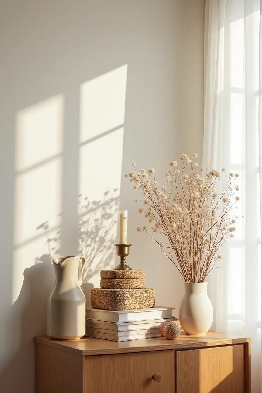 Cabinet tops display a ceramic pitcher, stacked woven boxes, brass candleholder, and dried branches in tiered arrangement.