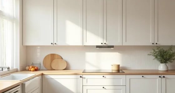 White shaker cabinets with bare tops lit by natural window light, viewed from the kitchen island.
