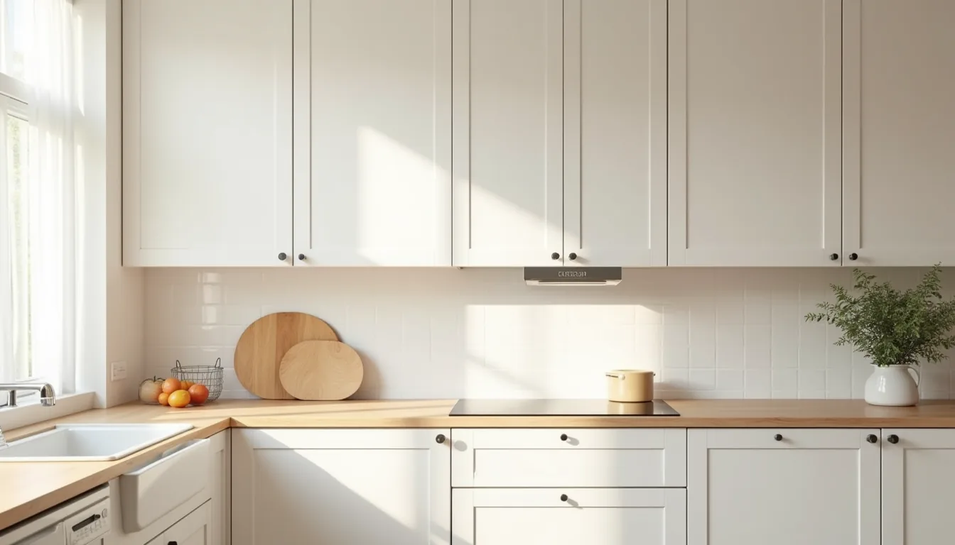 White shaker cabinets with bare tops lit by natural window light, viewed from the kitchen island.