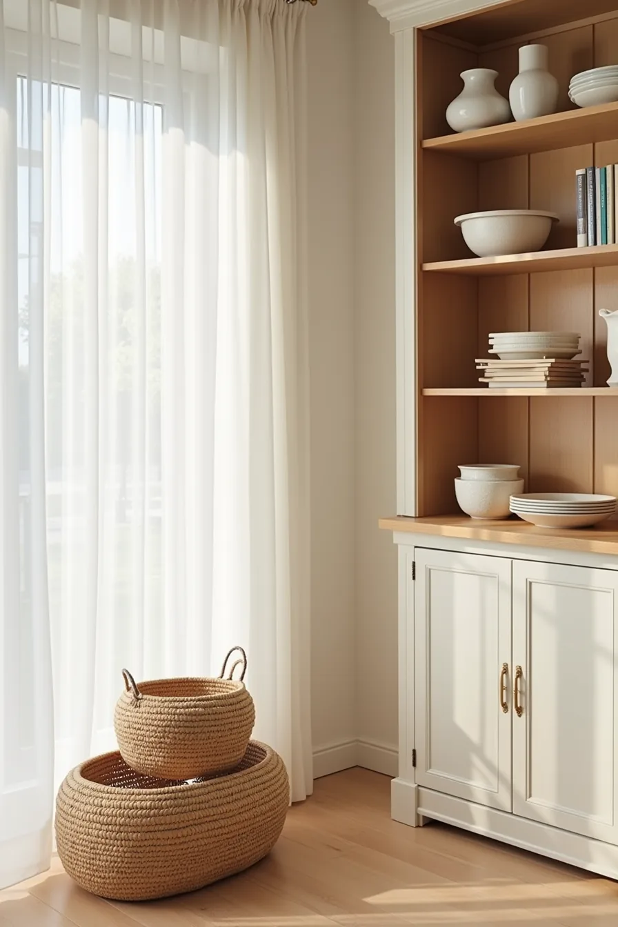 Woven baskets stack on one cabinet section while ceramic vessels and bowls arrange on the adjacent cabinet.