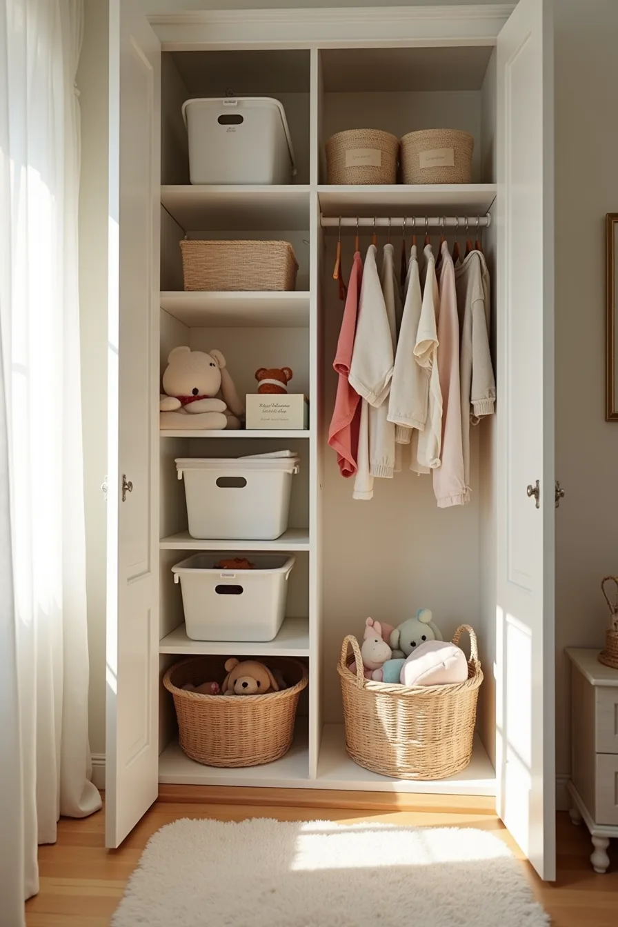 Lower closet shelves with open baskets of active toys, upper shelves with sealed labeled bins for seasonal storage.