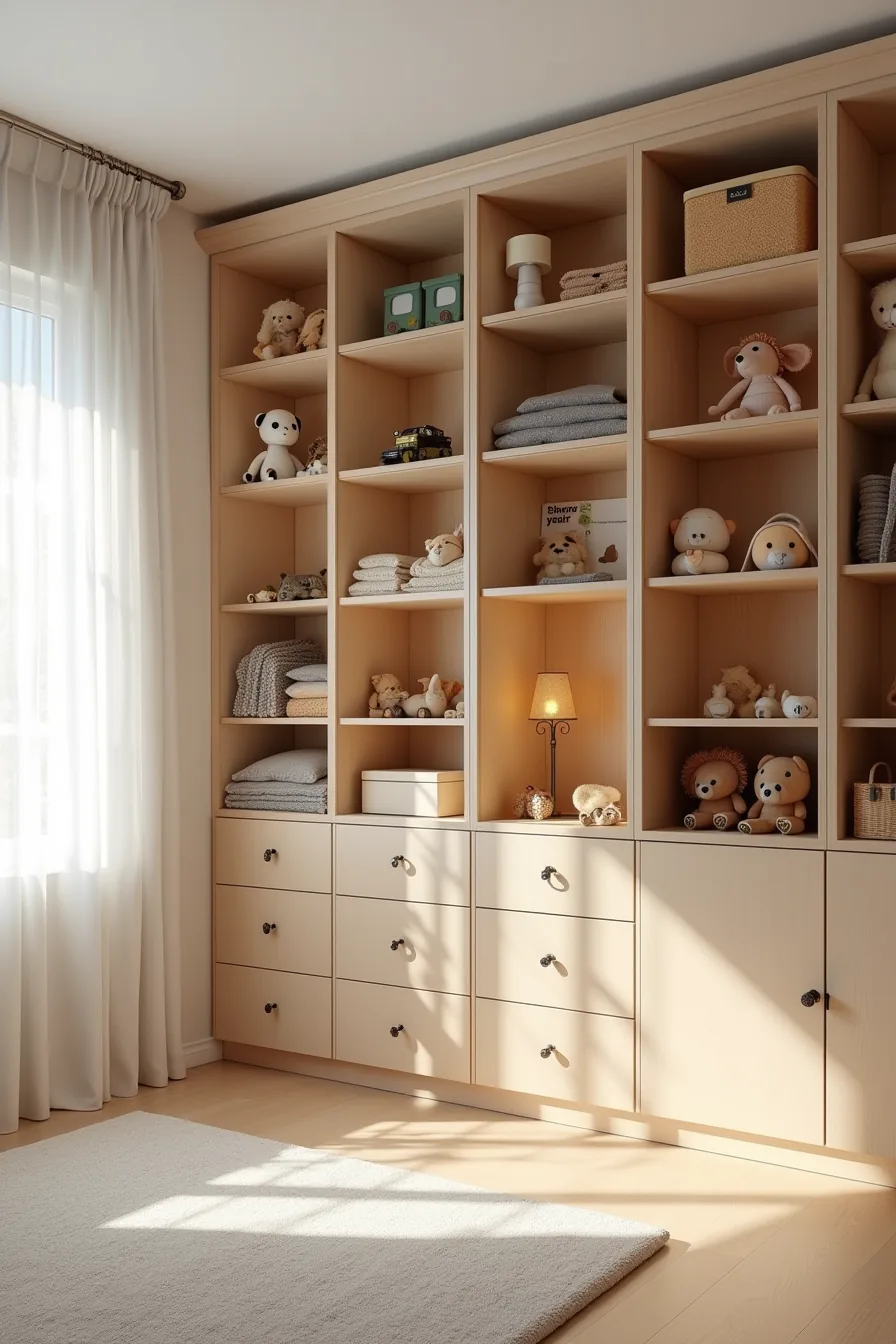 Floor-to-ceiling built-in wooden shelving with compartments organizing toy collections across the entire closet width.