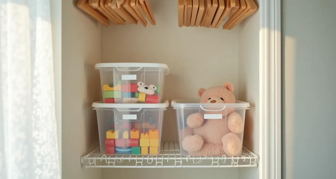 Three labeled clear plastic bins filled with toys stacked on a wire shelf with a wooden rod and hangers above.