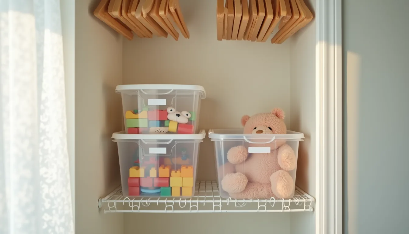 Three labeled clear plastic bins filled with toys stacked on a wire shelf with a wooden rod and hangers above.