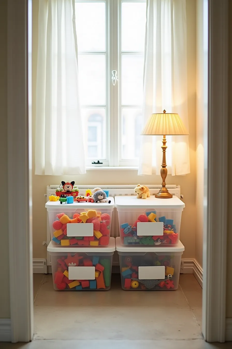 Four labeled transparent bins arranged in a grid on a closet floor, each holding different types of toys.
