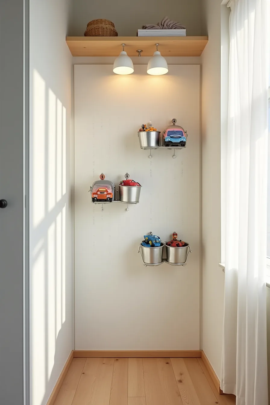 White pegboard wall with metal hooks and bins at various heights storing toy cars, action figures, and supplies.