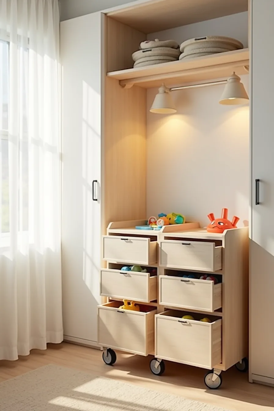 Two rolling storage carts with open drawers beneath a closet rod, showing toy contents inside each drawer.