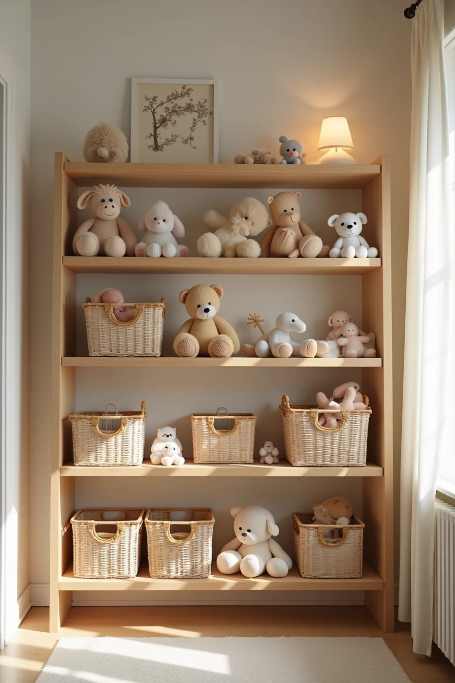 Five-shelf wooden bookcase with woven baskets and dividers organizing different toy categories from floor to ceiling.