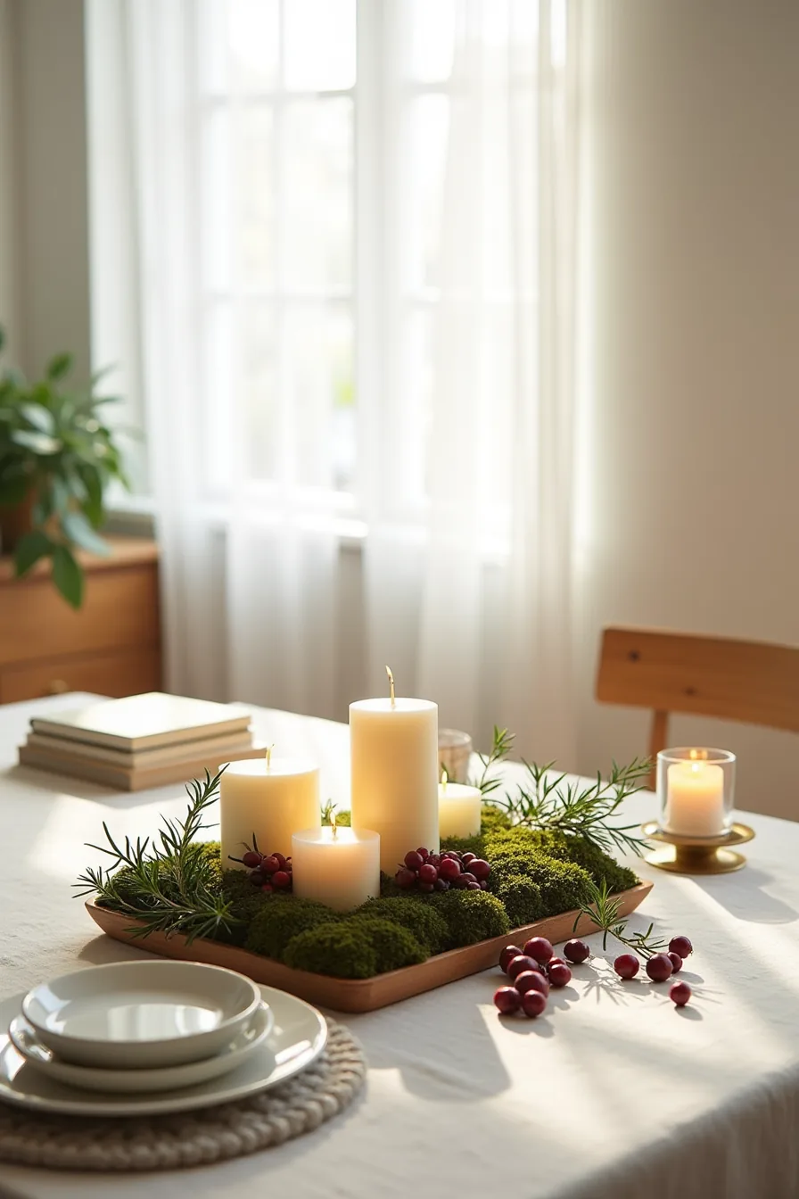 Overhead view of a dining table centerpiece with moss, tiered cream candles, burgundy berries, rosemary, and brass