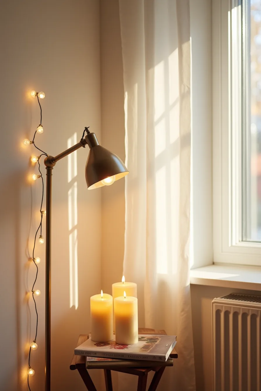 Room corner at dusk with layered warm lighting from floor lamp, string lights, tiered candles, and brass uplighter creating