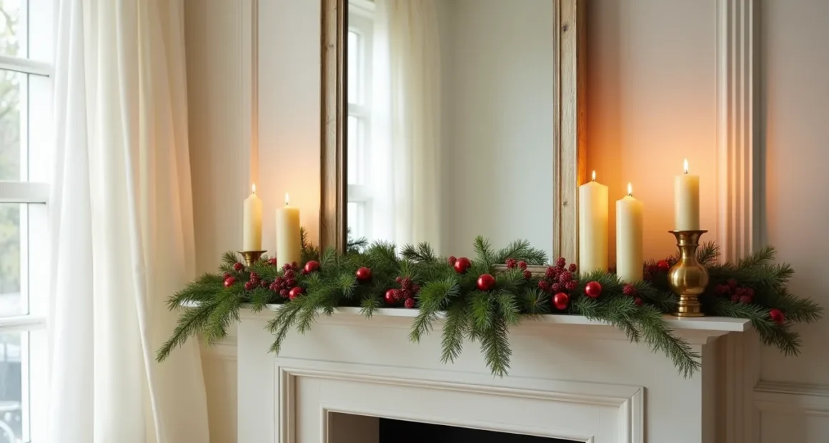 Fireplace mantel decorated with evergreen garland, cream candles, brass candlesticks, red ornaments, and a reflecting mirror.