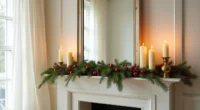 Fireplace mantel decorated with evergreen garland, cream candles, brass candlesticks, red ornaments, and a reflecting mirror.
