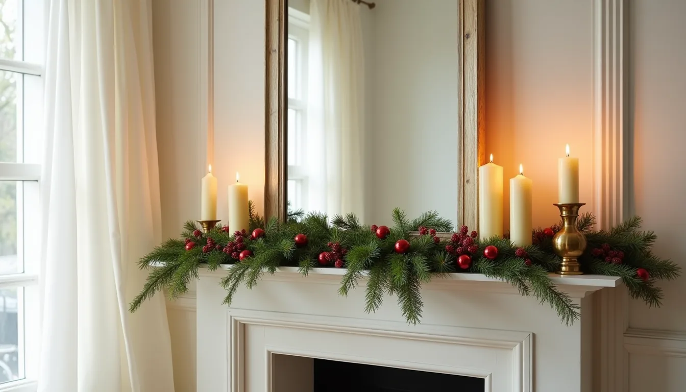 Fireplace mantel decorated with evergreen garland, cream candles, brass candlesticks, red ornaments, and a reflecting mirror.