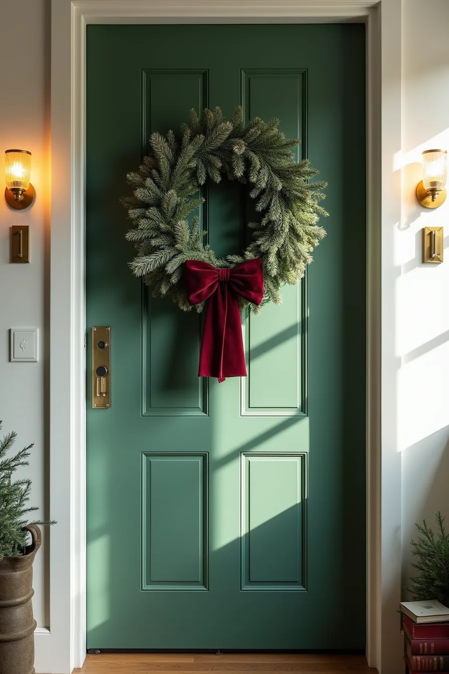 Deep green front door with a fresh-cut fir wreath tied in burgundy velvet ribbon and hung from a brass ring.